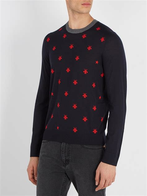 gucci sweater blue and red|Gucci bee embroidered sweater.